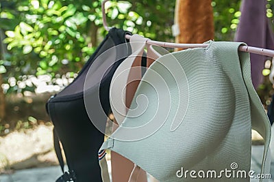 Hang wet women bras outdoor drying and sanitary in summer Stock Photo