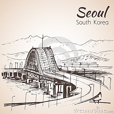 Hangang Bridge, Seoul, South Korea. Sketch. Vector Illustration