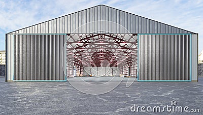 Hangar exterior with open gate. Cartoon Illustration