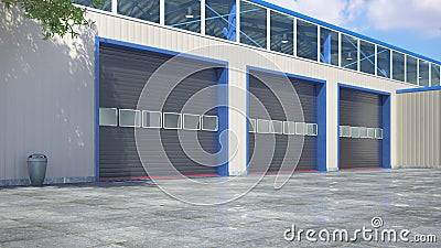 Hangar exterior with rolling gates. Cartoon Illustration