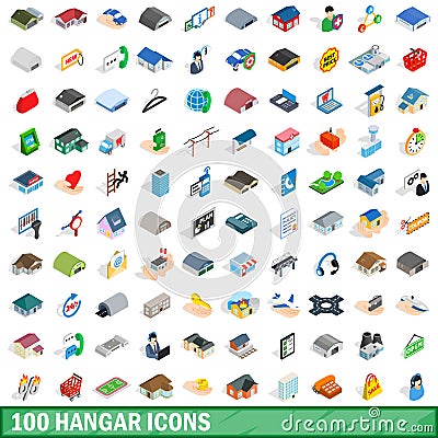 100 hangar icons set, isometric 3d style Vector Illustration