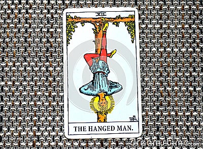 The Hanged Man Tarot Card Reflection Surrender Stand Outside the picture Stock Photo