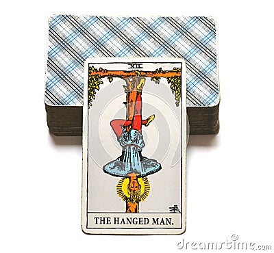 The Hanged Man Tarot Card Reflection Surrender Stand Outside the picture Stock Photo