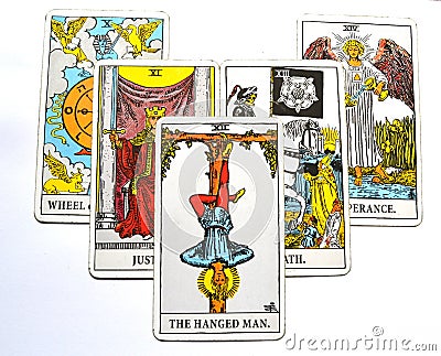 The Hanged Man Tarot Card Reflection Surrender Stand Outside the picture Stock Photo