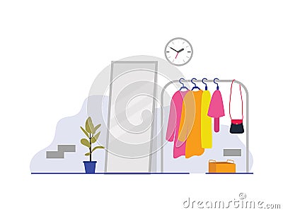 Hanger clothes fashion style female colorful outfit standing mirror glass wardrobe room Vector Illustration