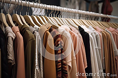 hangers overflowing with clothing on fast-fashion store rack Stock Photo