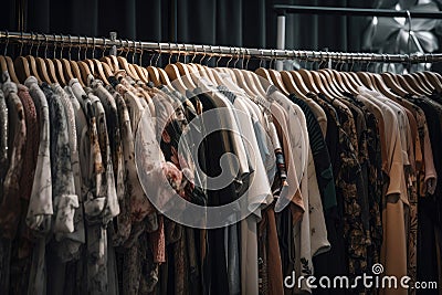 hangers overflowing with clothing on fast-fashion store rack Stock Photo