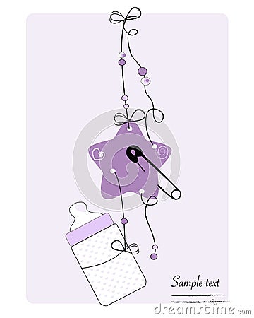 Hanging baby bottle, safety pin, star baby arrival card Vector Illustration