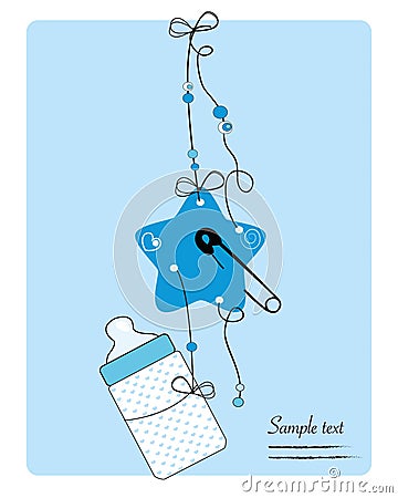 Hanging baby bottle, safety pin, star baby boy arrival card Vector Illustration