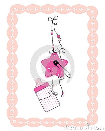 Hanging baby bottle, safety pin, star baby girl Vector Illustration