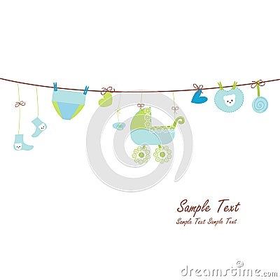 Hanging baby boy symbols card Vector Illustration