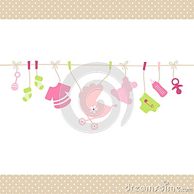 Hanging Baby Girl Icons Straight String Dots Border Beige Vector Illustration