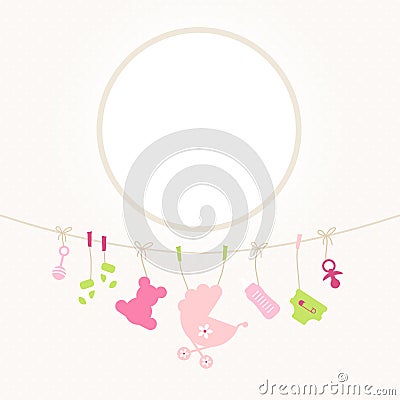 Hanging Baby Icons Girl Round Frame Dots Beige Vector Illustration