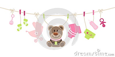 Baby Icons And Teddy Girl Bow Pink And Green Vector Illustration