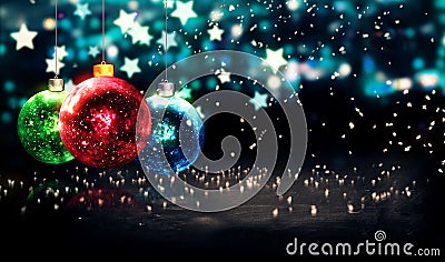 Hanging Baubles Christmas Blue Star Night Bokeh Beautiful 3D Stock Photo