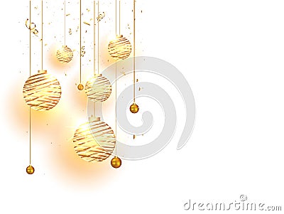 Hanging baubles with light effect and golden confetti decorated on white background can be used as greeting card Stock Photo