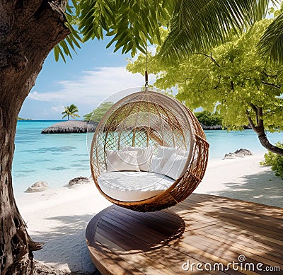 Hanging beach swing round wicker egg chair on a tropical island. Beautiful beach with crystal clear turquoise water. Summer Stock Photo