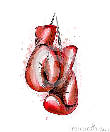 Hanging boxing gloves from a splash of watercolor Vector Illustration