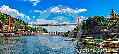 Hanging bridge across the Narmada river in Omkareshwar, Madhyapradesh, India Stock Photo