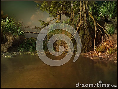 Hanging bridge over a muddy river Stock Photo