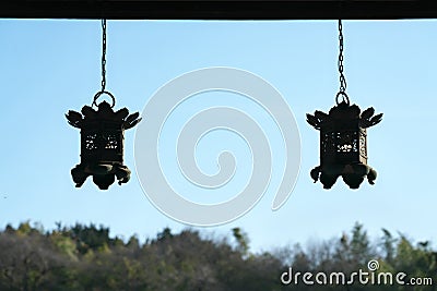 Hanging bronze lanterns in a Buddhism temple Stock Photo