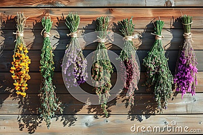 Hanging bunches of medicinal herbs and flowers on a wooden background. Herbal medicine Stock Photo