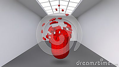 Hanging capsule of many small polygons in large empty room. The exhibition space is an abstract object, spherical shape Vector Illustration