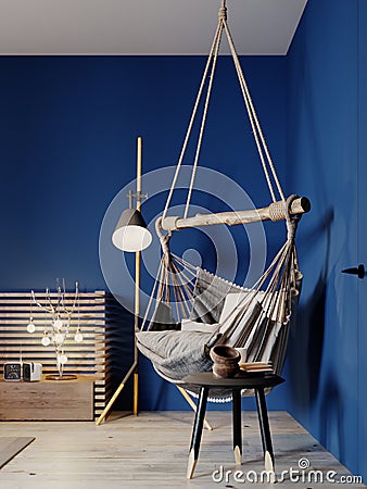 Hanging chair hammock in the bedroom. Loft style Stock Photo