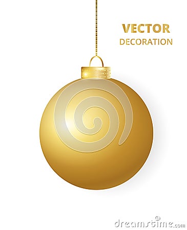 Hanging Christmas ball. Sparkling golden glitter bauble, holiday decoration. Vector Illustration