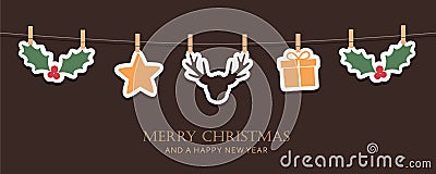 hanging christmas decoration sleight star deer gift berry Vector Illustration