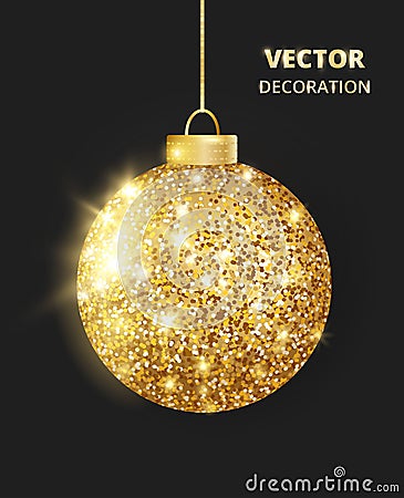 Hanging Christmas golden ball on black background. Sparkling glitter texture bauble, holiday decoration Vector Illustration