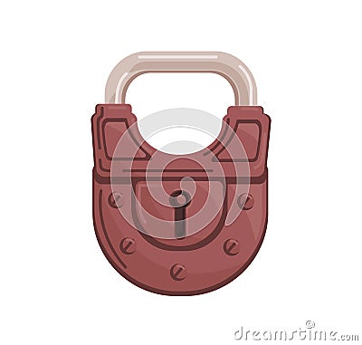 Hanging closed iron colored padlock with locked metal shackle and keyhole. Realistic protecting mechanism with key hole Vector Illustration