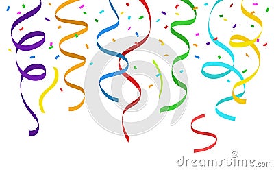 Hanging colorful streamers and falling confetti on white background - vector illustration Vector Illustration