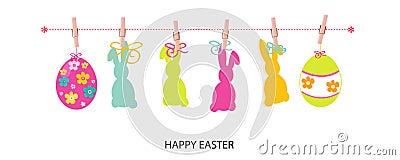 Hanging cute colorful bunny, easter eggs banner design Vector Illustration