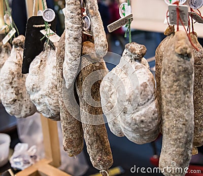 Hanging Dried Meats In a Market Stock Photo