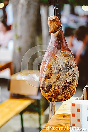Hanging dried and smoke pork leg, Traditional food. appetizer, delicious Stock Photo