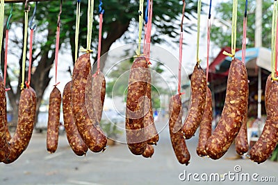 Hanging Dried Traditional sausages of North-eastern Thailand Stock Photo