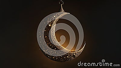 Hanging Exquisite Shiny Carved Moon With Stars On Dark Background. Islamic Religious Concept Stock Photo