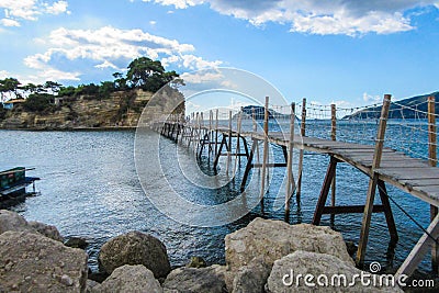 Hanging footbridge in Laganas to Cameo island, Zante, Greece Stock Photo