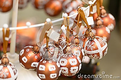 Hanging glittering Christmas decorations bulbs Stock Photo