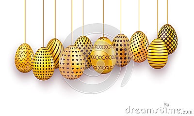 Hanging gold Easter eggs set. 3d realistic egg isolated on white background. Design element for banner, poster, flyer or greeting Cartoon Illustration