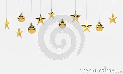 Hanging golden balls and stars ornaments on white background. For new year or christmas theme. 3D rendering. Stock Photo