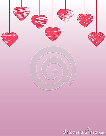 Hanging grunge hearts, great for banner, card, wallpaper for Valentine`s Day, wedding day and etc. Vertical. Vector illustration Vector Illustration