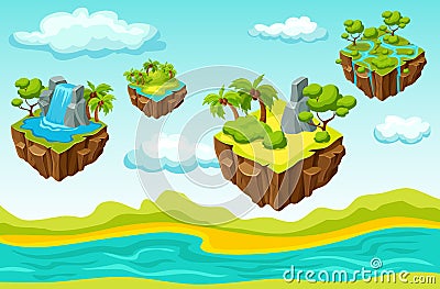 Hanging Islands Game Level Isometric Template Vector Illustration
