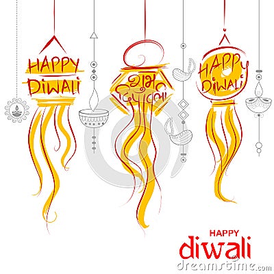 Hanging Kandil Diwali Holiday background for light festival of India with message in Hindi meaning Happy Dipawali Vector Illustration