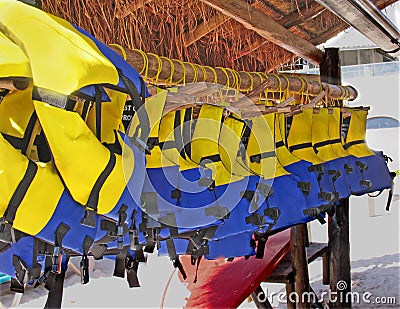 Hanging Life Jackets Stock Photo