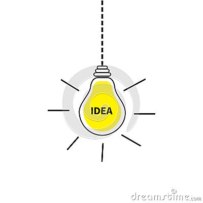 Hanging light bulb icon. Idea text inside. Shining effect. Dash line. Yellow color switch on lamp. Business success concept. Flat Vector Illustration