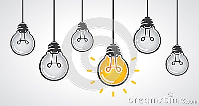 Hanging light bulbs with one glowing. Leadership and different business creative idea concept. Vector illustration Vector Illustration