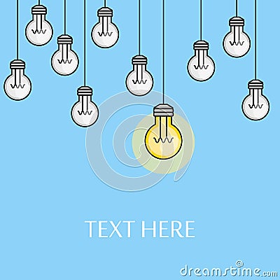 Hanging light bulbs with one lighted. Creative idea illustration. Problem solution. Line style. Inspiration background Vector Illustration