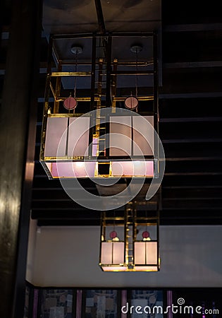 Pendant lights at The Hill House, Scotland UK, designed in British Art Nouveau Modern Style by Charles Rennie Mackintosh. Editorial Stock Photo